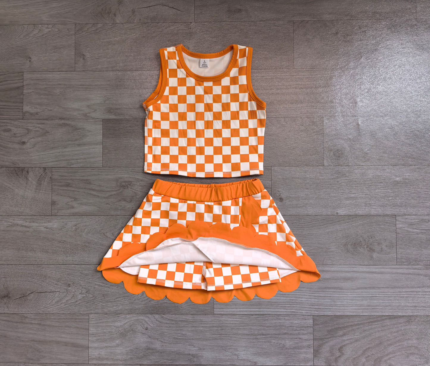 preorder Samples GSD4252 Yoga Orange Checkered Sleeveless Skorts Girls Set