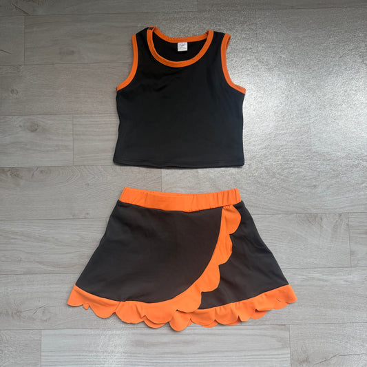preorder Samples GSD4259 Scallop Yoga Black Orange Long Sleeve Shorts Girls Set