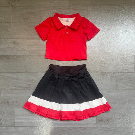preorder Samples GSD4262 Yoga Red Short Sleeve Black Skirt Girls Set