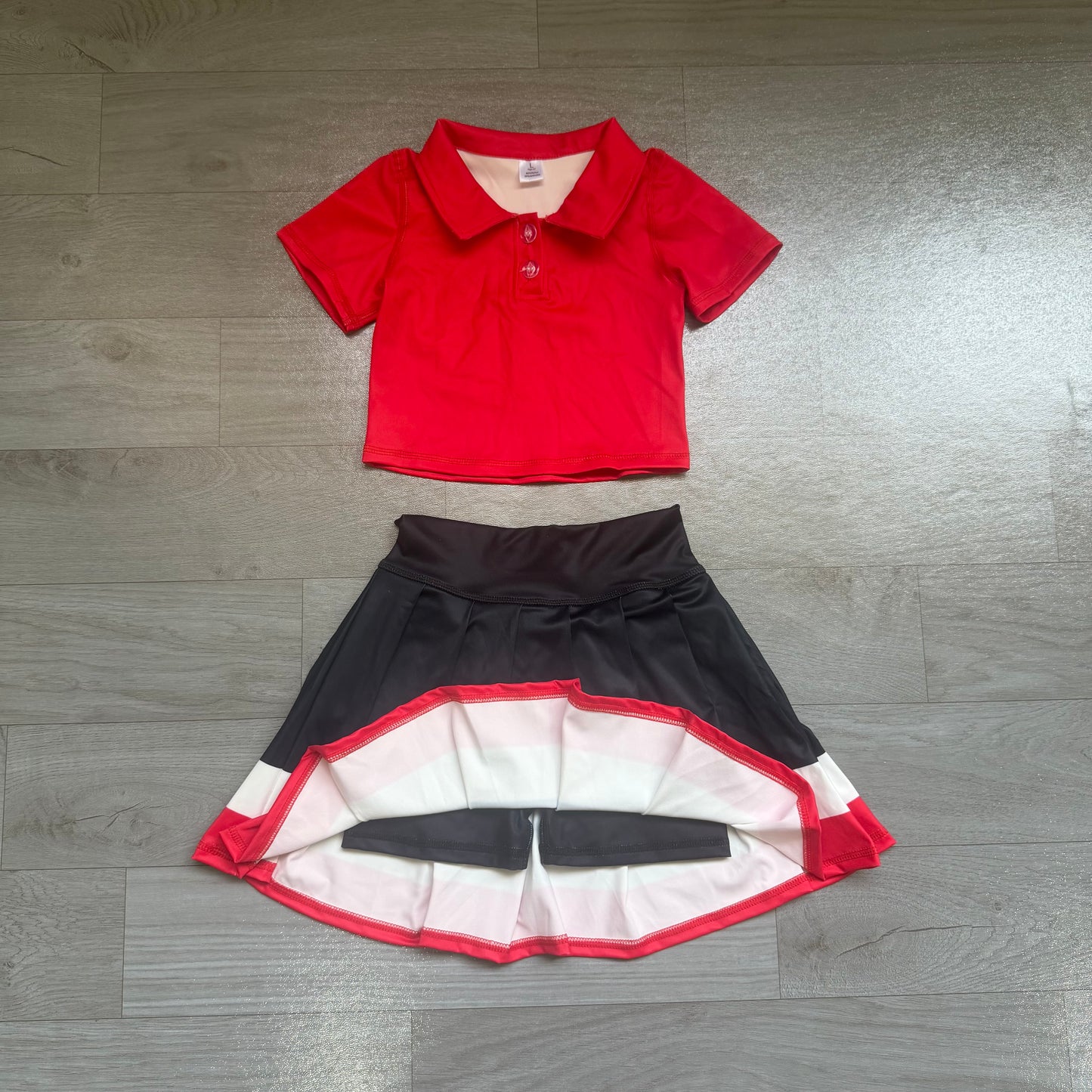 preorder Samples GSD4262 Yoga Red Short Sleeve Black Skirt Girls Set