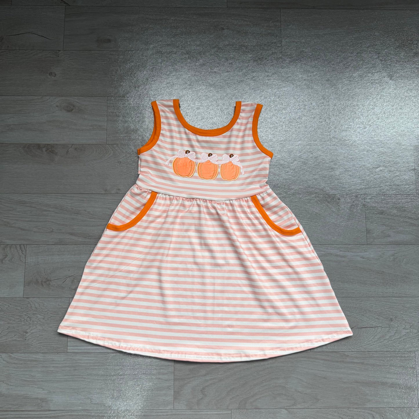 preorder Samples GSD4265 Pumpkin Bows Pink Striped Sleeveless Girls Dress