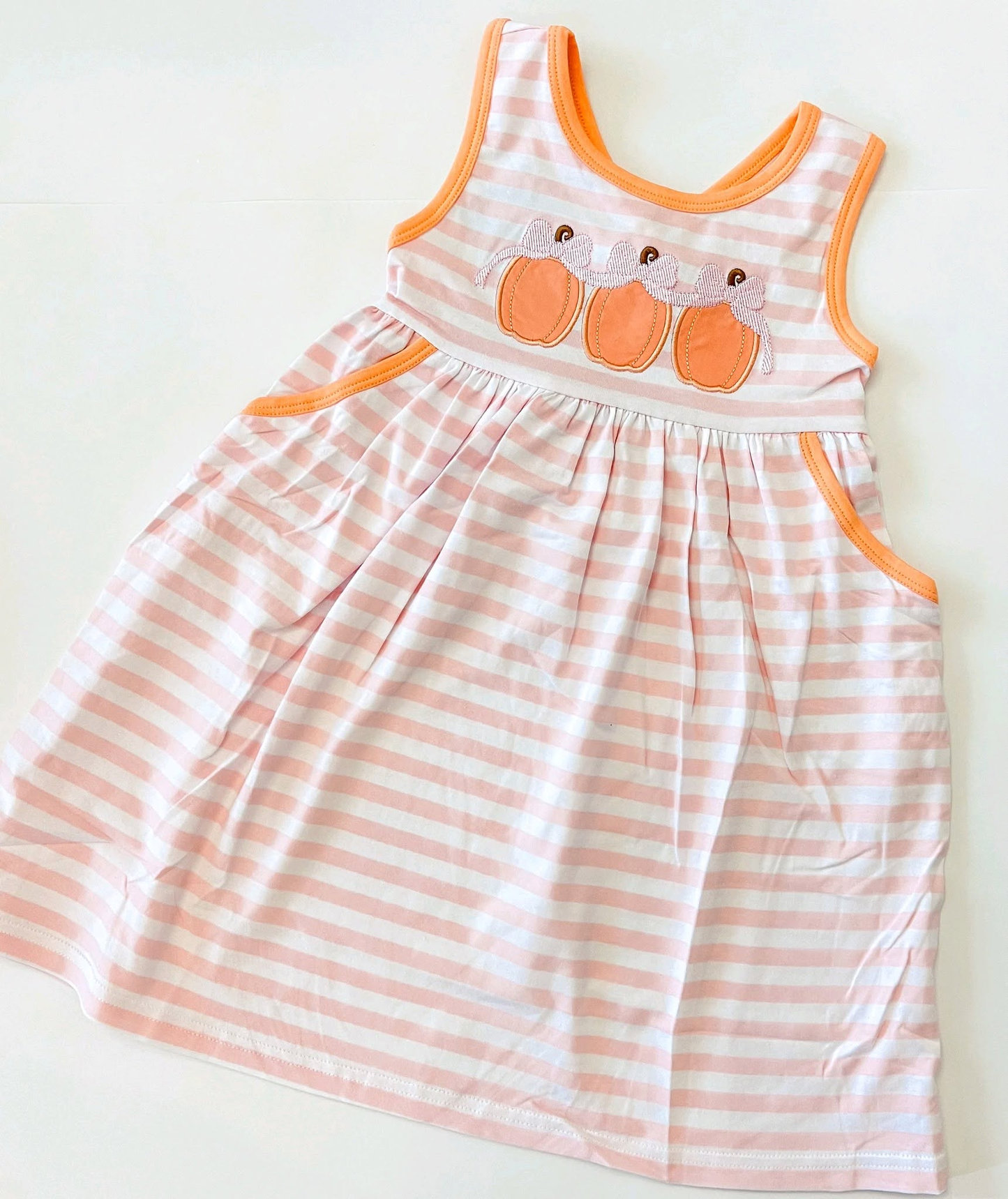 preorder GSD4265 Pumpkin Bows Pink Striped Sleeveless Girls Dress
