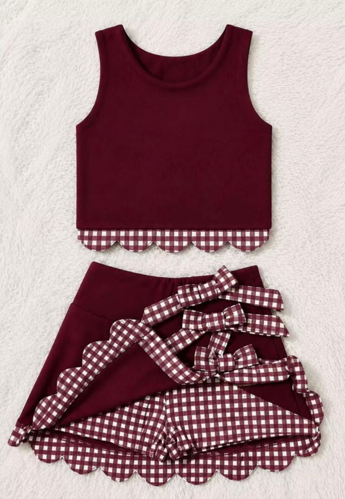 preorder GSD4266 Yoga Scallop Maroon Sleeveless Bows Skorts Girls Set