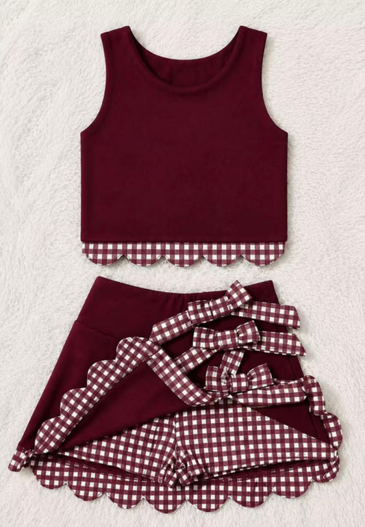 preorder GSD4266 Yoga Scallop Maroon Sleeveless Bows Skorts Girls Set
