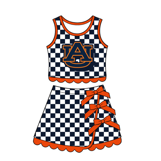 preorder GSD4281 Yoga Team Navy Blue Checkered Sleeveless Bows Skorts Girls Set