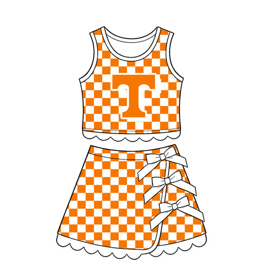 preorder GSD4282 Yoga Team Orange Checkered Sleeveless Bows Skorts Girls Set