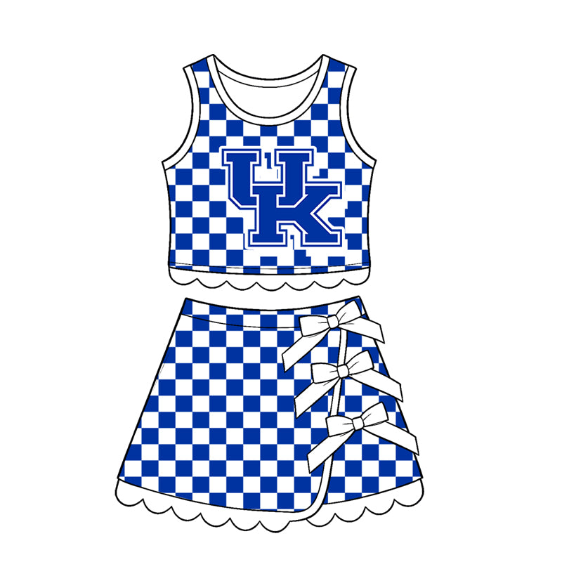 preorder GSD4283 Yoga Team Blue Checkered Sleeveless Bows Skorts Girls Set