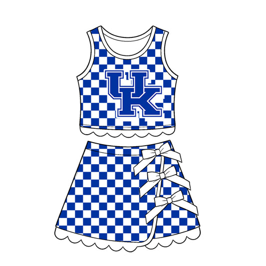 preorder GSD4283 Yoga Team Blue Checkered Sleeveless Bows Skorts Girls Set