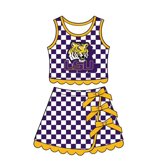 preorder GSD4285 Yoga Team Purple Checkered Sleeveless Bows Skorts Girls Set