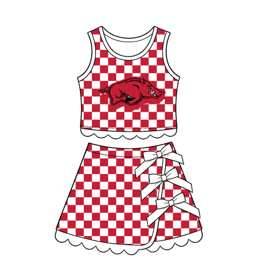 preorder GSD4286 Yoga Team Red Checkered Sleeveless Bows Skorts Girls Set