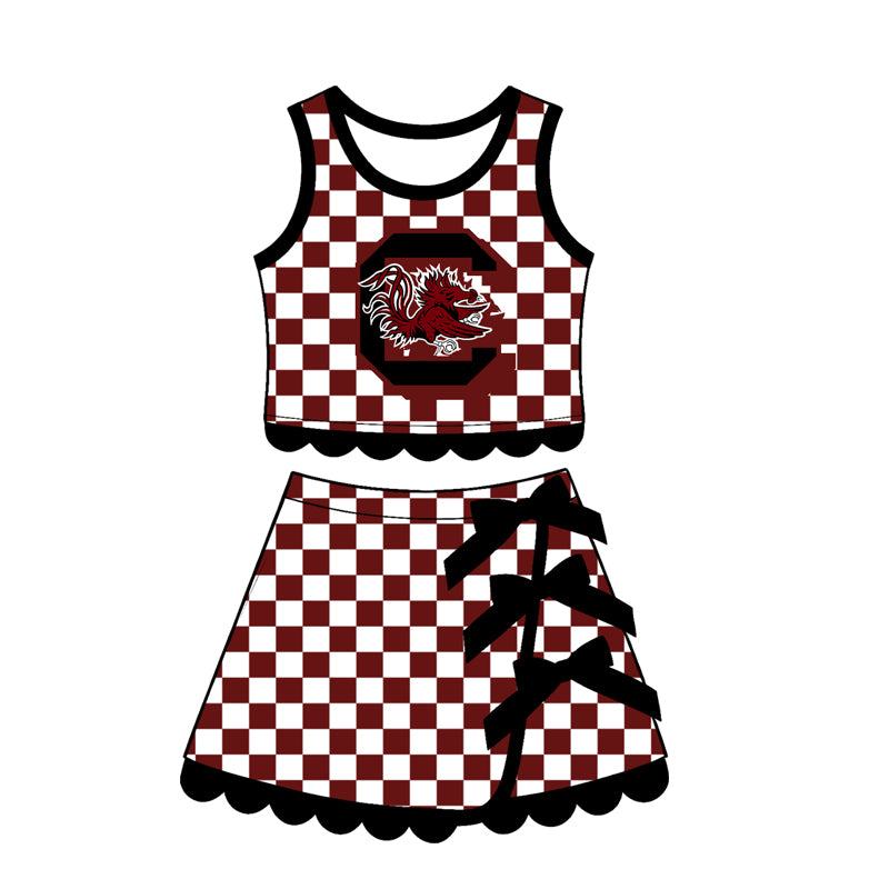 preorder GSD4288 Yoga Team Maroon Checkered Sleeveless Bows Skorts Girls Set