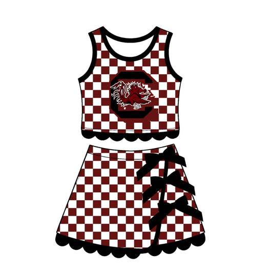 preorder GSD4288 Yoga Team Maroon Checkered Sleeveless Bows Skorts Girls Set