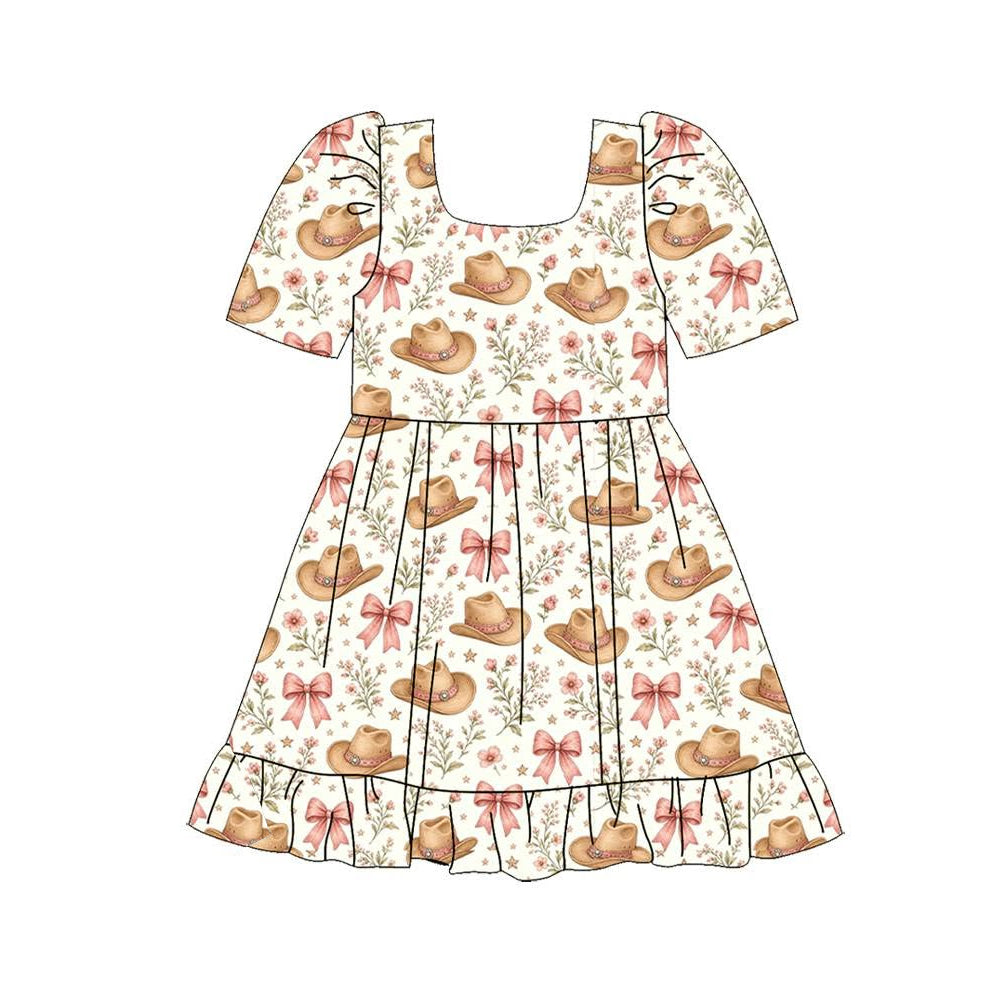 preorder GSD4296 Western Bows Hat Flowers Short Sleeve Girls Dress