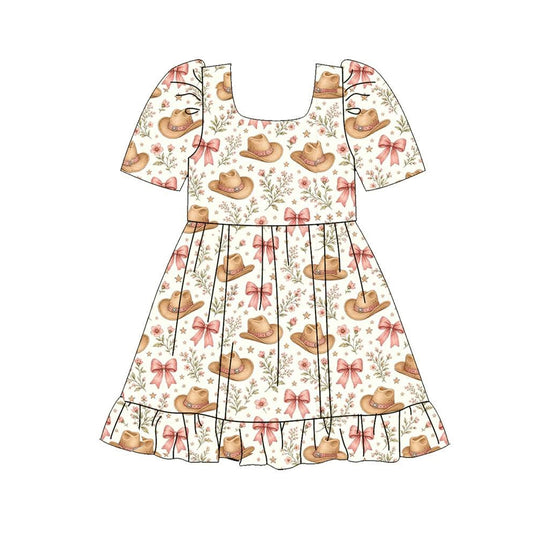 preorder GSD4296 Western Bows Hat Flowers Short Sleeve Girls Dress