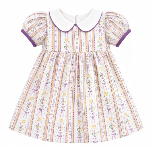 preorder GSD4315 Mardi Gras Bows Heart Short Sleeve Girls Dress
