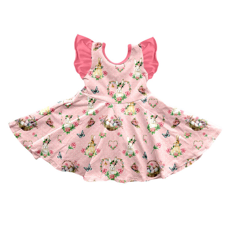 preorder GSD4336 Easter Rabbit Flowers Pink Flutter Sleeve Girls Dress