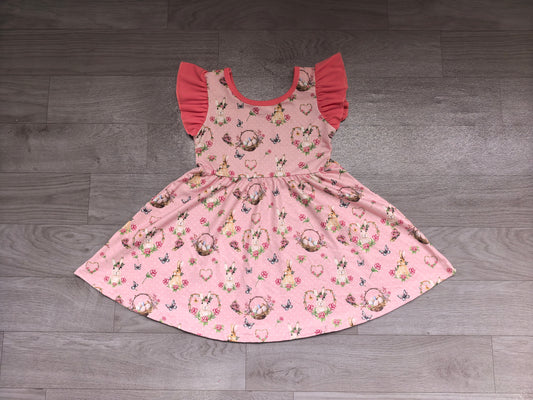 preorder Samples GSD4336 Easter Rabbit Flowers Pink Flutter Sleeve Girls Dress
