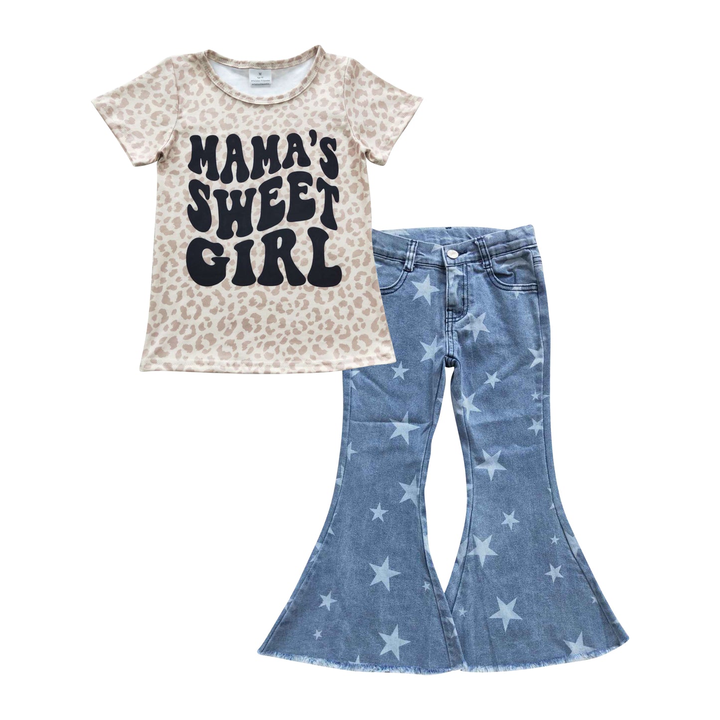 GSPO0690 Mamas Sweet Girl Leopard Short Sleeves Blue Star Denim Jeans Girls Set