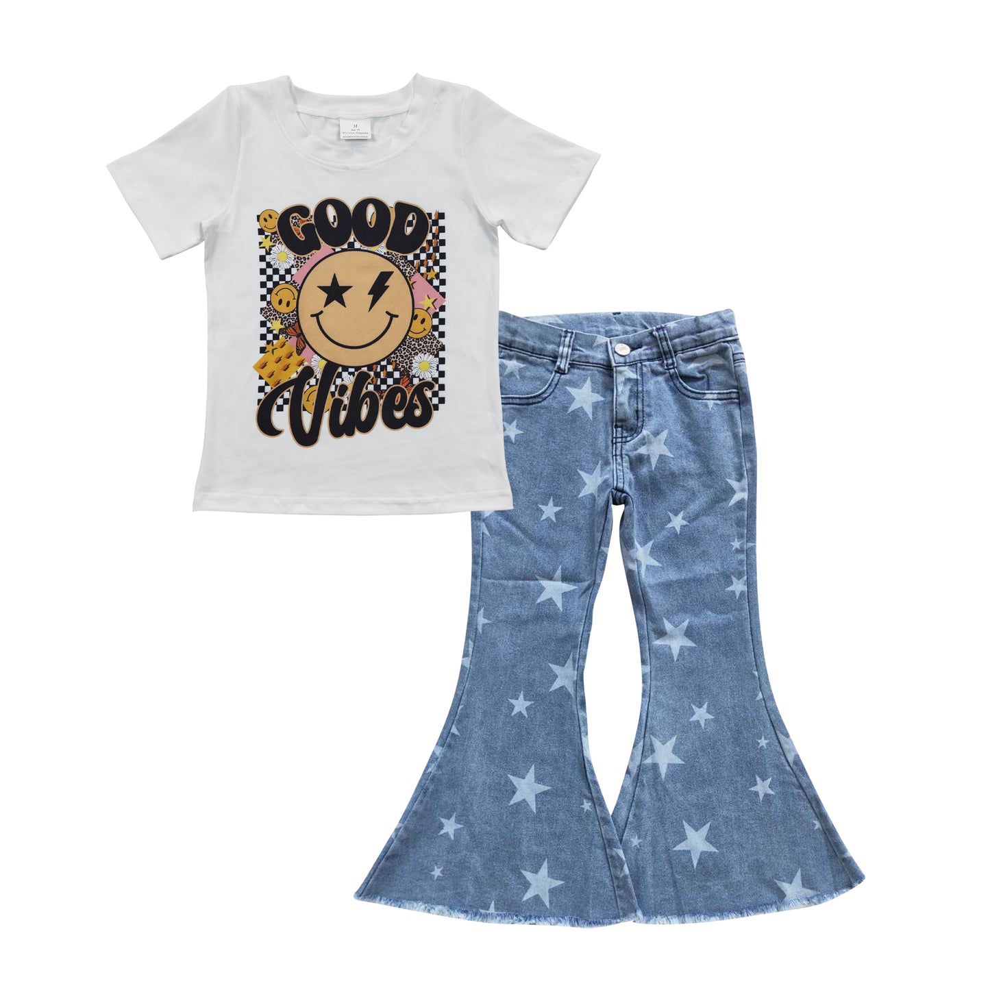 GSPO0691 Good Vibes Smile White Short Sleeves Blue Star Denim Jeans Girls Set