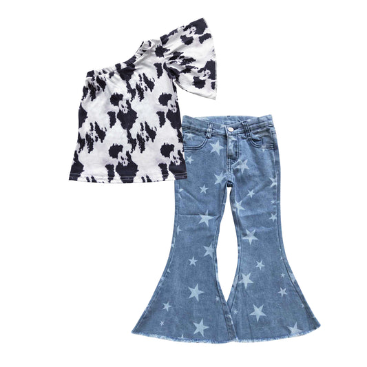 GSPO0692 Cow Print Single Sleeves Blue Star Denim Jeans Girls Set