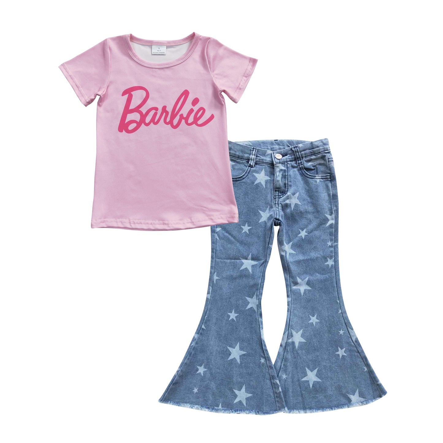 GSPO0693 BA Pink Short Sleeves Blue Star Denim Jeans Girls Set