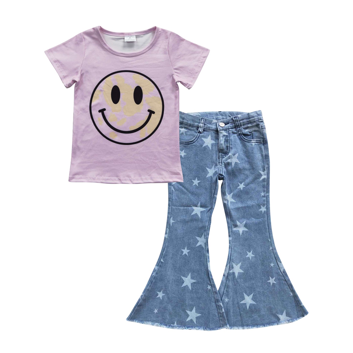 GSPO0694 Smile Purple Short Sleeves Blue Star Denim Jeans Girls Set