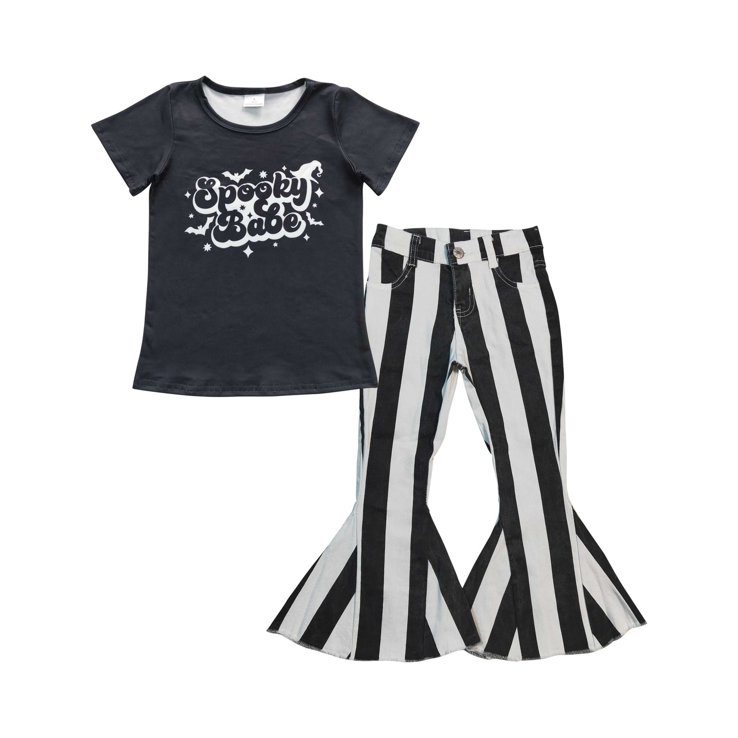 GSPO0695 Spooky Black Short Sleeves Black Striped Denim Jeans Girls Set