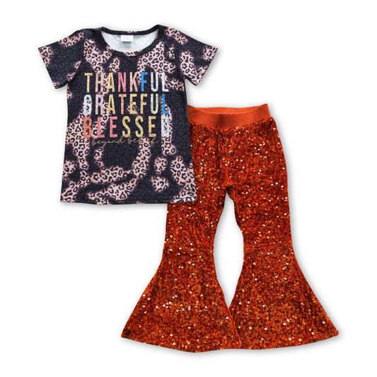 GSPO0705 Thankful Leopard Black Top Red Sequin Bell Pants Girls Set