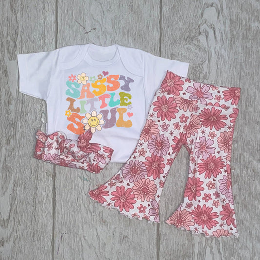 preorder GSPO0717 Sassy Little Soul Short Sleeves Pink Flowers Pants Girls Set