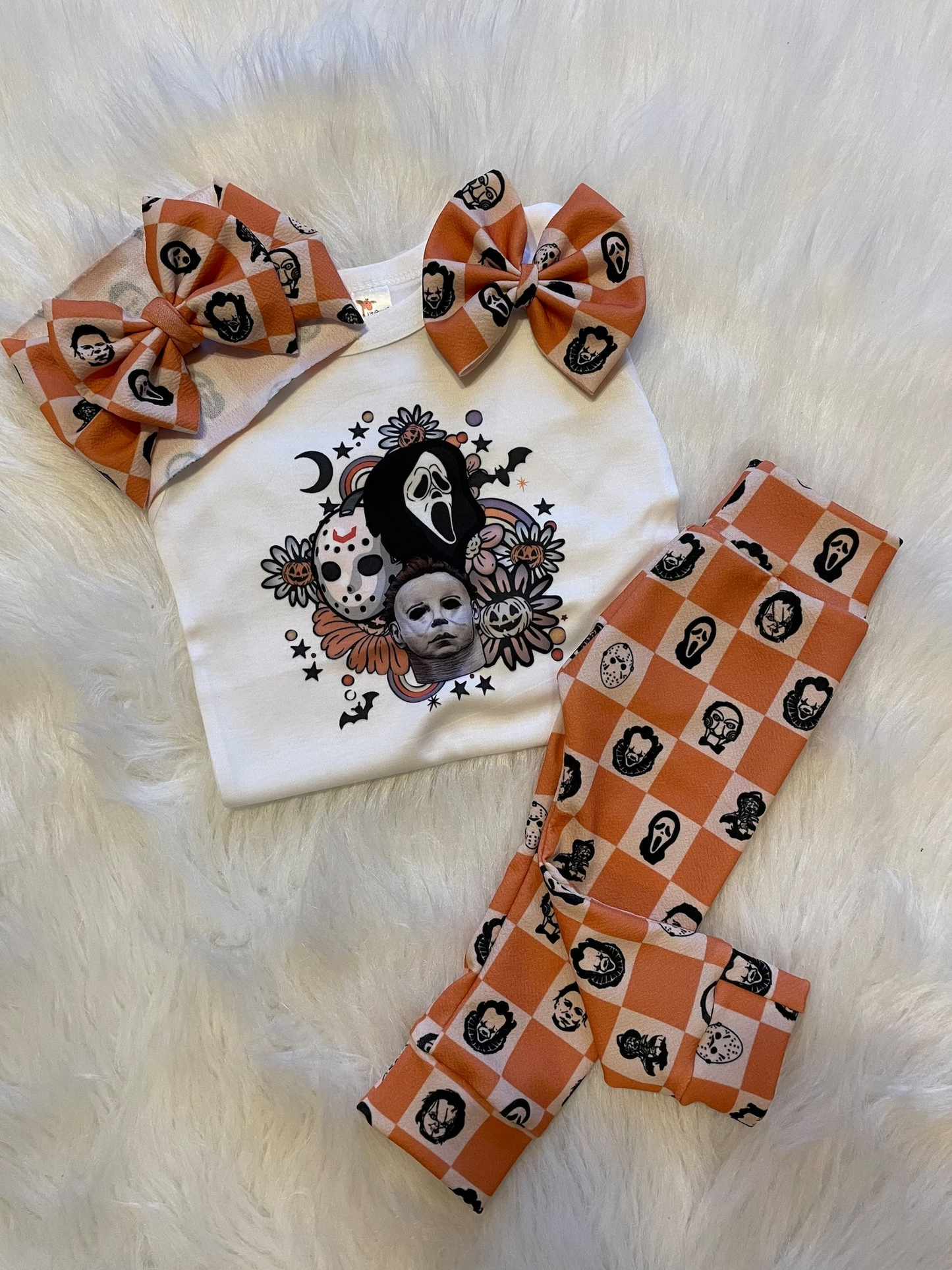 preorder GSPO0722 Halloween Mask Pumpkin Flowers Short Sleeves Orange Cell Pants Girls Clothes