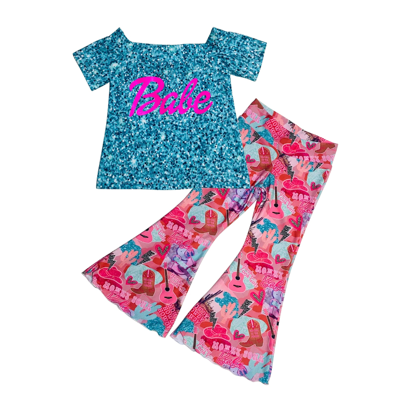 preorder GSPO0725 BA Blue Short Sleeves Cartoon Pink Pants Girls Summer Clothes