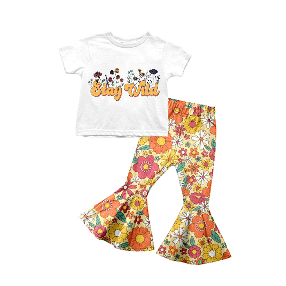 preorder GSPO0733 Stay Wild White Short Sleeves Colorful Flowers Bell-bottoms Girls Clothes