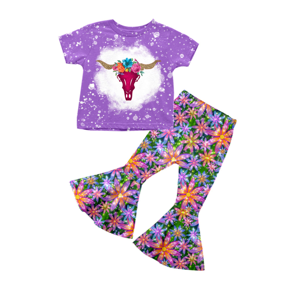 preorder GSPO0734 Western Cow Purple Short Sleeves Colorful Flowers Bell-bottoms Girls Clothes