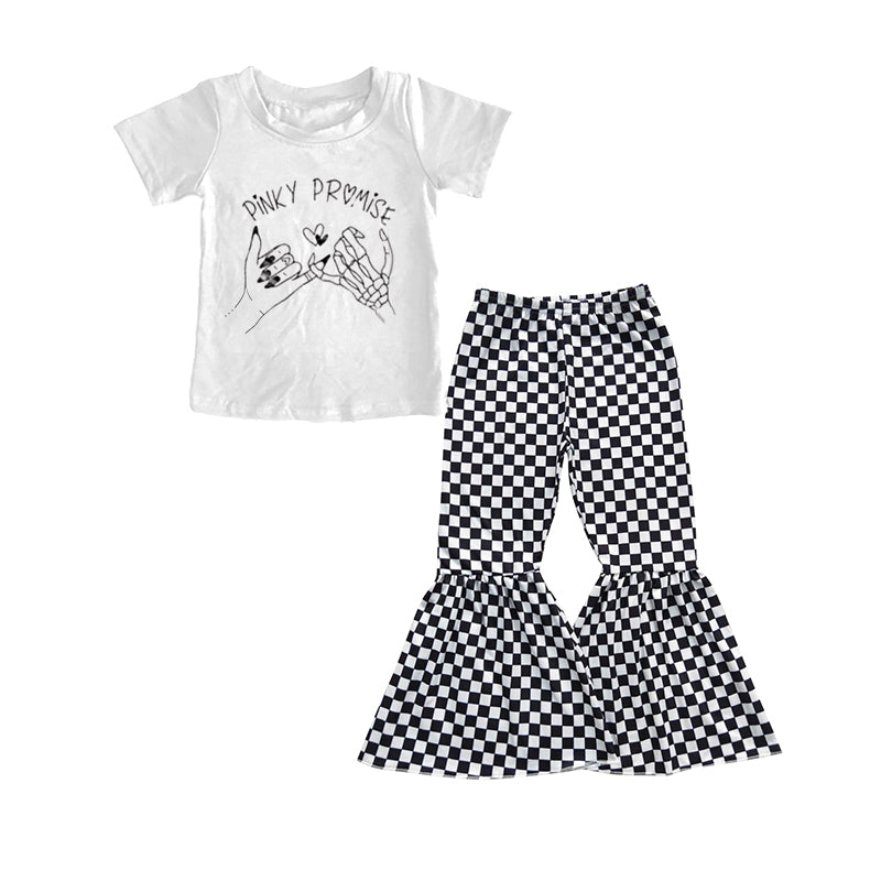 preorder GSPO0739 Pinky Promise White Short Sleeves Black Plaid Print Pants Girls Clothes