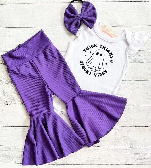 preorder GSPO0741 Halloween Thick Spook White Short Sleeves Purple Pants Girls Clothes