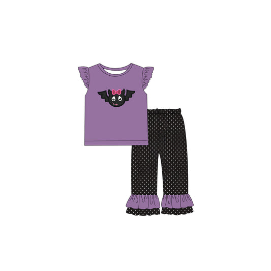 preorder GSPO0760 Halloween Cartoon Purple Short Sleeve Black Pants Girls Set