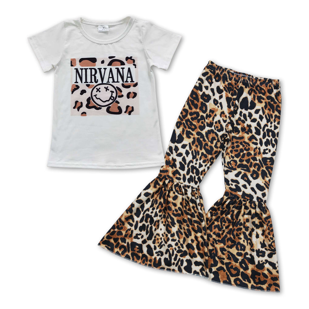 GSPO0769 Nirvana smile short sleeve leopard pants girls set