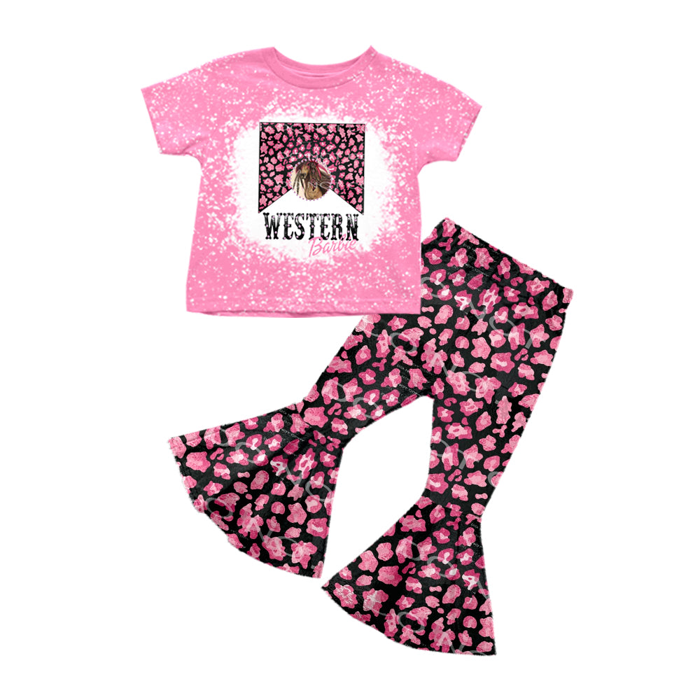 preorder GSPO0775 Western Pink Leopard Short Sleeve Pants Girls Set