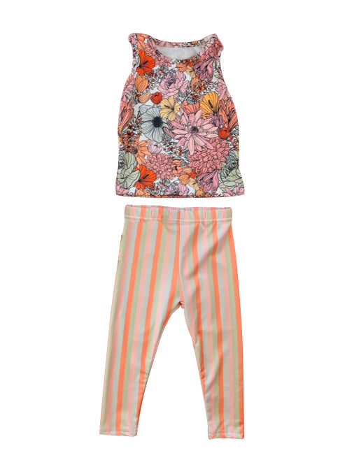 preorder GSPO0779 Colorful Flowers Sleeve-less Striped Pants Girls Set Kids Clothes