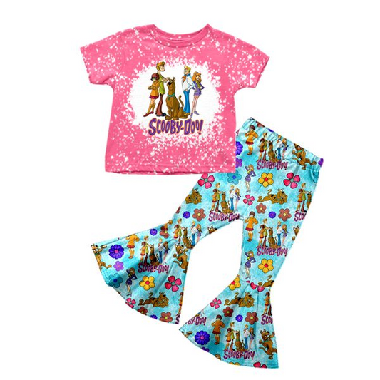 preorder GSPO0781 Cartoon Hot Pink Short Sleeve Blue Pants Girls Set Kids Clothes