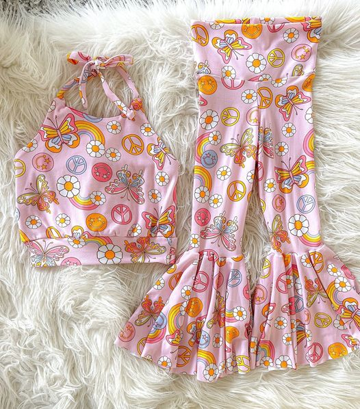preorder GSPO0782 Rainbow Flowers Butterfly Pink Girls Set Kids Clothes