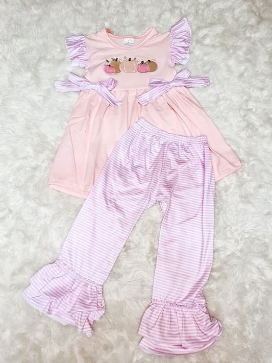 preorder GSPO0782 Pumpkin Pink Flutter Sleeve Purple Striped Pants Girls Set Kids Clothes