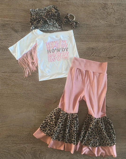 preorder GSPO0784 Howdy Pink Tassels One-sleeve Leopard Pants Girls Set Kids Clothes