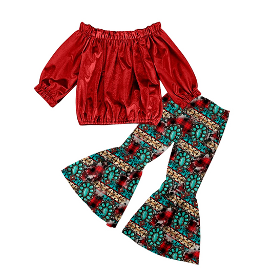 preorder GSPO0784 Red velvet long sleeve top turquoise blue pants girls set kids clothes