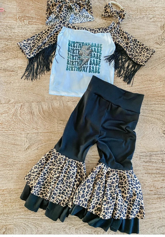 preorder GSPO0786 Birthday Babe Tassels Long Sleeve Black Pants Girls Set Kids Clothes