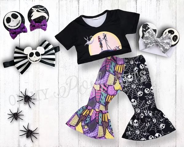 preorder  GSPO0787 Halloween skull zombie black short sleeve pants girls set kids clothes