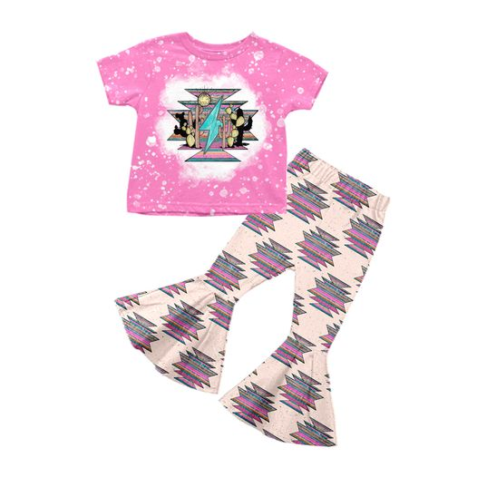 preorder GSPO0788 Aztec western pink short sleeve pants girls set kids clothes