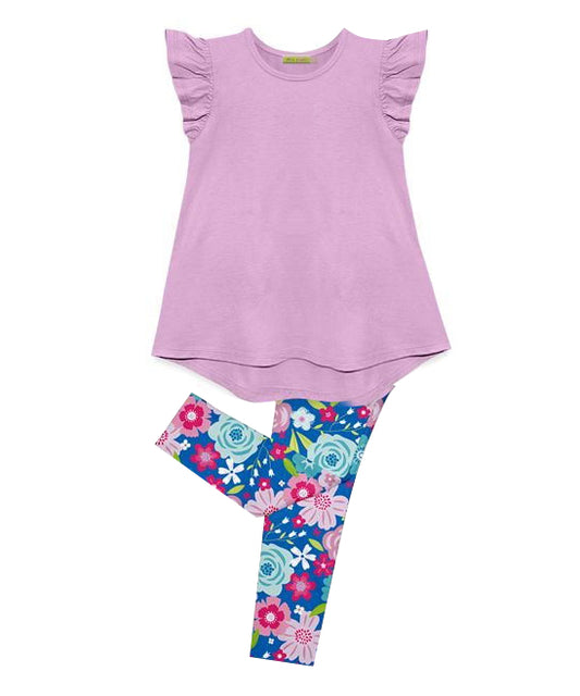 preorder GSPO0792 Purple flutter sleeve colorful flowers pants girls set kids clothes