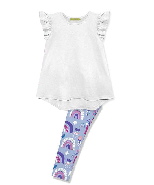 preorder GSPO0793 White flutter sleeve colorful rainbow pants girls set kids clothes