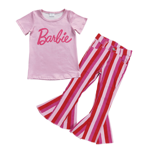 GSPO0806 BA short sleeve hot pink striped denim pants girls set